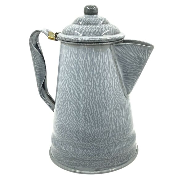 Grey Graniteware Coffee Pot Enamel Vntg Speckled Cowboy Kettle Rustic Farmhouse - Picture 3 of 7